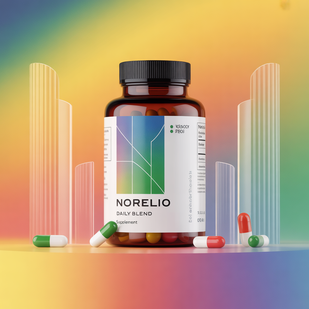 Norelio daily blend supplement bottle graphic with gradient label